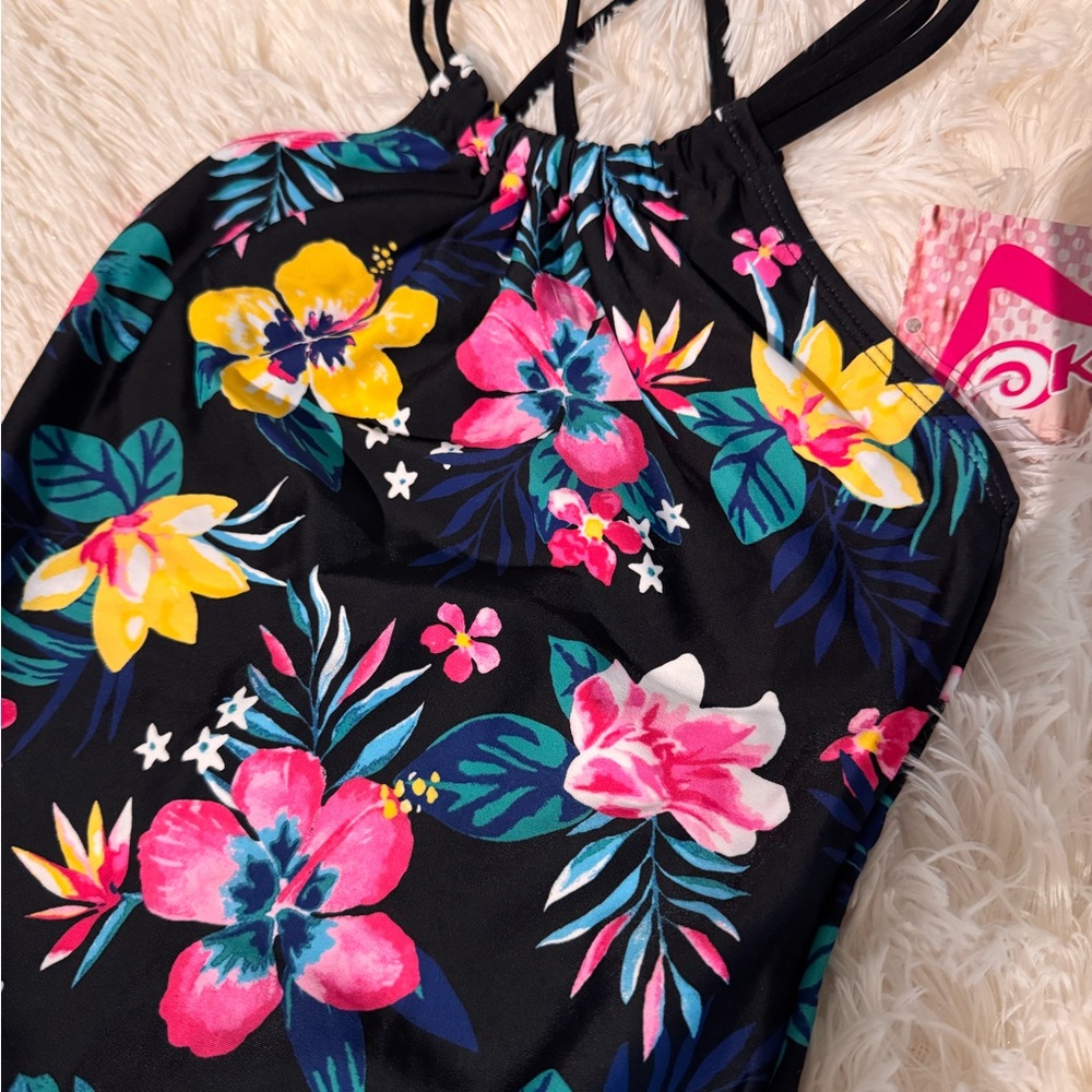 Kanu Surf Kids Swim One Piece - Black with Floral Print